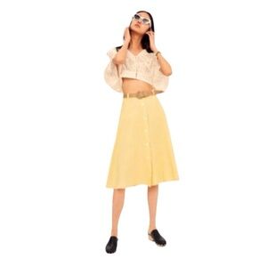 😍2/$20 Linen Cotton Button Front A-Line Pin Up Rockabilly Full Skirt Yellow